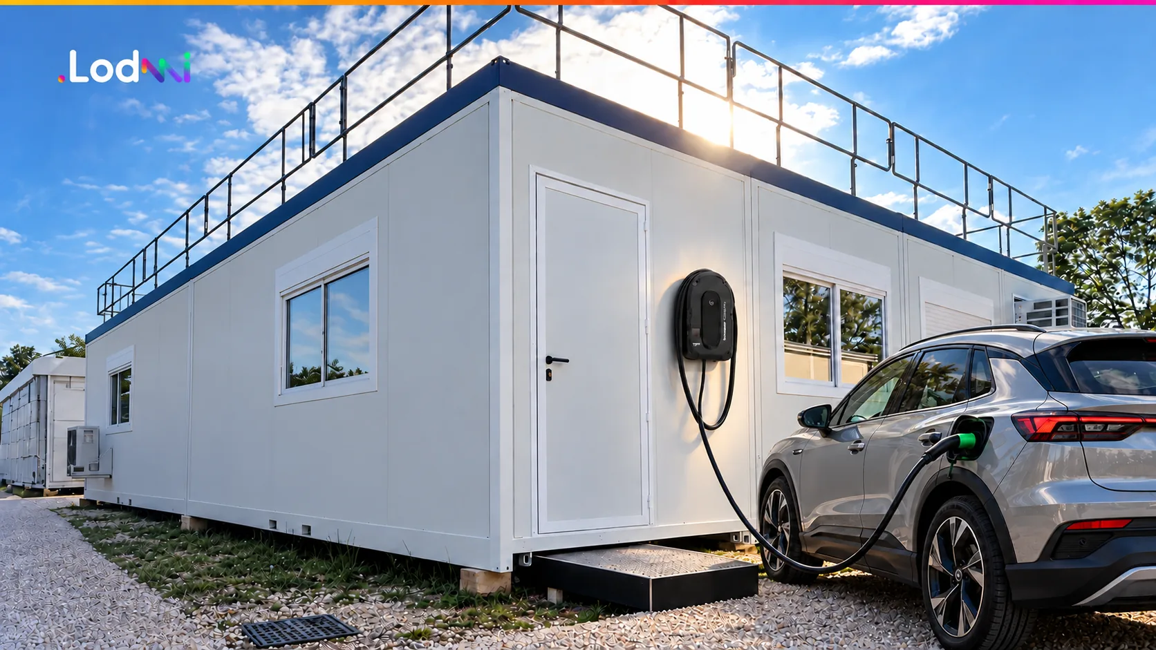 Voiture électrique en charge sur une borne murale fixée à un bungalow de base vie de chantier